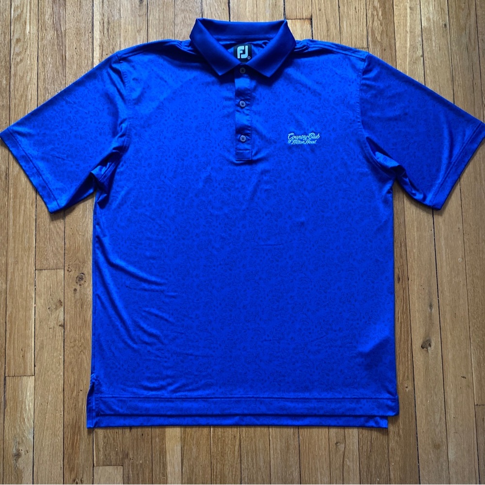 Footjoy Men's Performance Golf Polo Shirt Blue Black Floral Print Size L Hilton